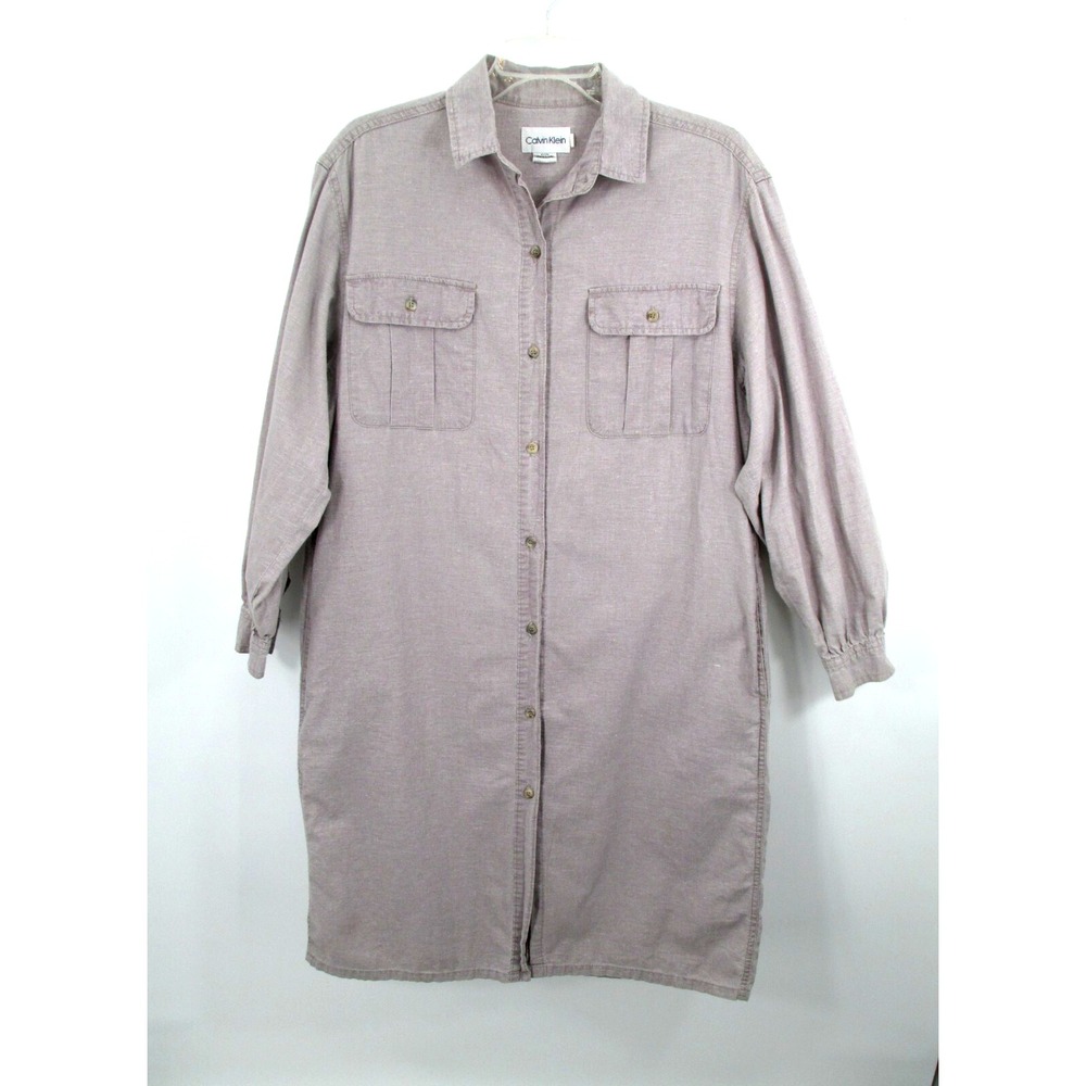 CALVIN KLEIN Midi Shirt Dress Women Large Gray Cotton Pockets Minimalist